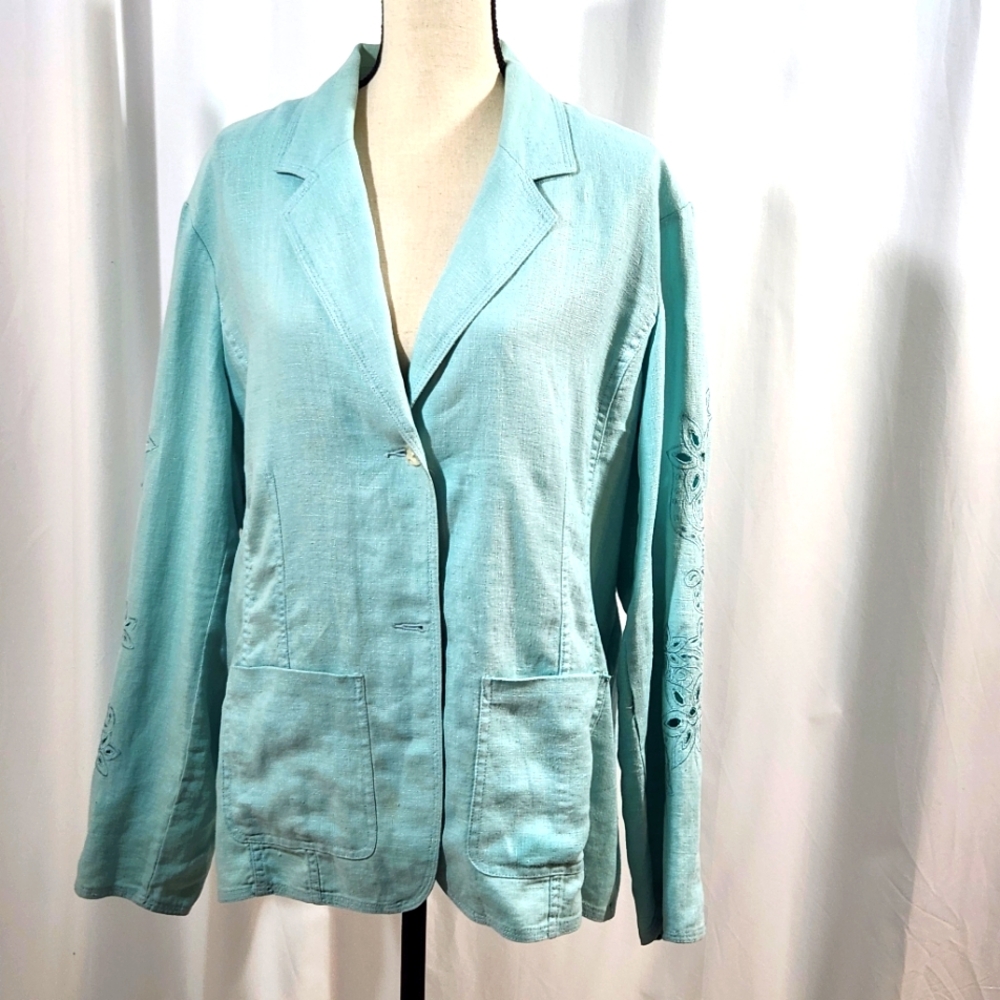 Coldwater Creek Aqua Cutout Linen Jacket